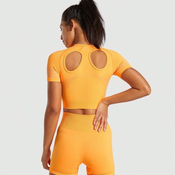 Gymshark Ultra Seamless Short Sleeve Compression Cutout Crop Top Neon Orange M - Picture 2 of 10